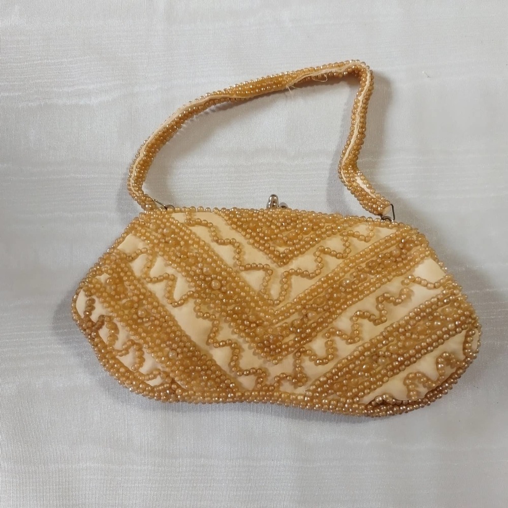 Vintage Miles Hand Beaded Beige Small Single Strap Handbag Evening Formal Purse